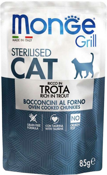Корм для дорослих стерилізованих котів Monge Grill Sterilised з фореллю 85 г