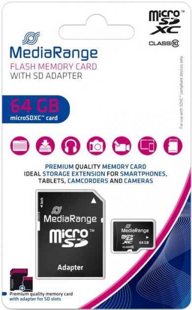 Карта памяти MediaRange microSDHC 64 ГБ Class 10 (MR955 ) + SD адаптер