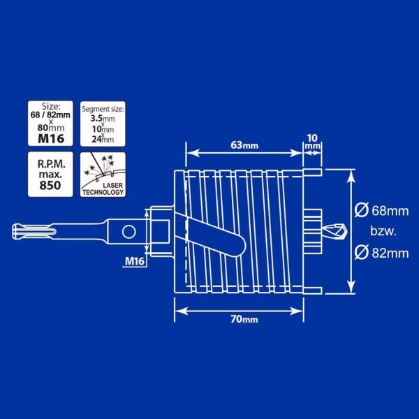 Коронка алмазная S&R 68 мм по железобетону, бетону, кирпичу 254001068