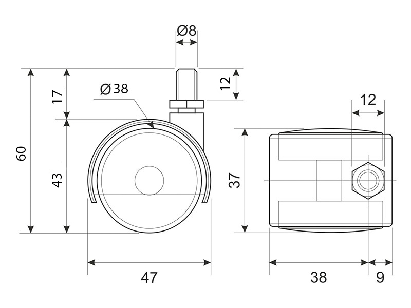 Ролик мебельный d38 мм с штифтом М8 EP-D241202