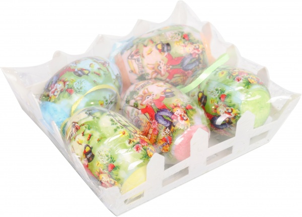 Набір декоративний Shunda Яйця пасхальні 5 шт. у білій корзинці 4х6 см дизайн в асортименті