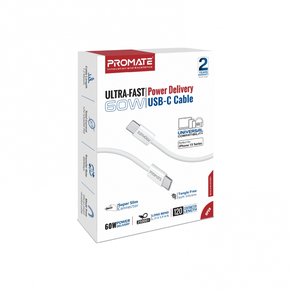 Кабель Promate USB-C to USB-C 60W Power Delivery 1,2 м white (ecoline-cc120.white)