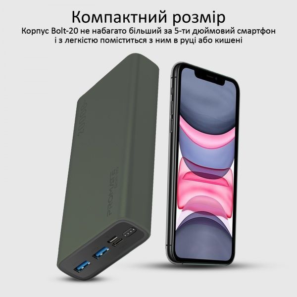 Зовнішній акумулятор (Powerbank) Promate Bolt-20 10Вт 2xUSB 20000 mAh green (bolt-20.midnightgreen) 