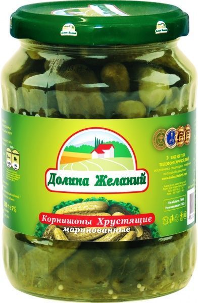 Огурцы Долина желаний Корнишоны хрустящие маринованные 500 мл 480 г