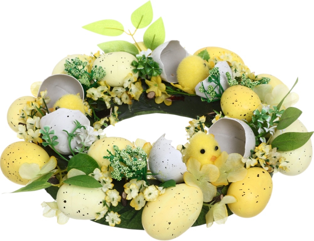 Вінок декоративний пасхальний з яйцями і квітами жовий