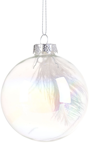 Елочная игрушка в форме шара прозрачная с перьями 8 см 