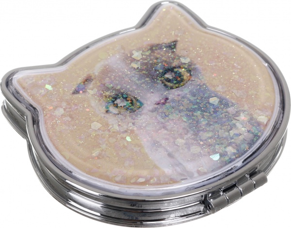 Зеркало карманное косметическое Лідер Канц Котик с сыпучими блестками фигурное 12 вариантов в ассортименте 