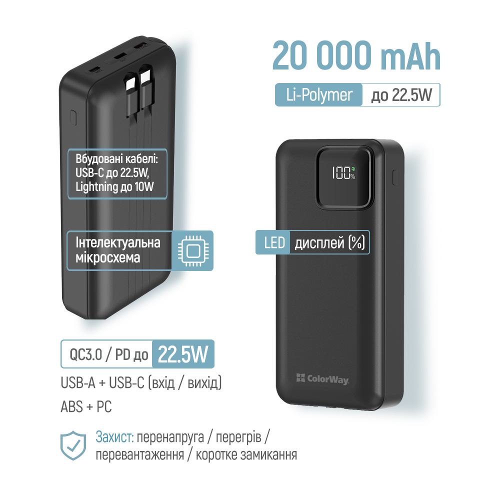 Повербанк ColorWay Optimal Power 20000 mAh black (CW-PB200LPB5BK-PDD)