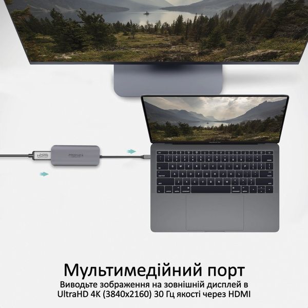 USB-хаб Promate UniPort-C4 USB-C PD/HDMI/2xUSB 3.0/AUX 3.5мм Grey