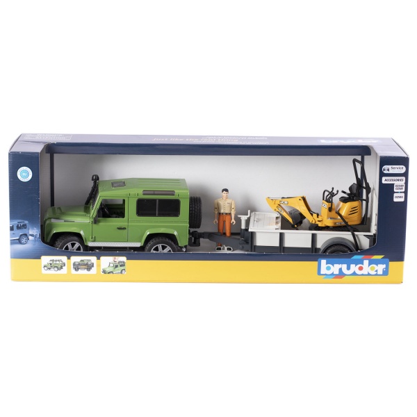 Игрушечный набор Bruder Land Rover Defender с прицепом, мини-экскаватором CAT и фигуркой 1:16 02593