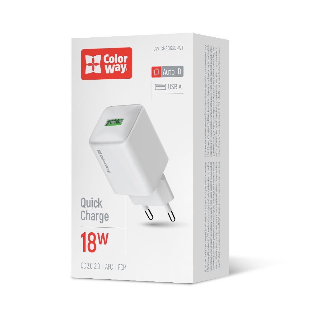 Зарядное устройство ColorWay 1USB Quick Charge 3.0 (18W) V2 белое