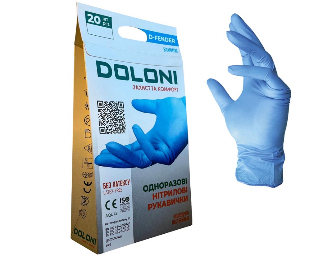 Перчатки медицинские Doloni Онитриловые D-FENDER 3812 неопудренные голубые р.M 20 шт./уп.