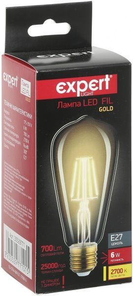 Лампа світлодіодна Expert FIL Gold ST64 6 Вт E27 2700 К 220 В прозора 