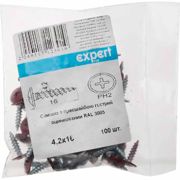 Саморез с прессшайбой острый 4.2x16 мм 100 шт бордовый RAL 3005 EXPERT FIX