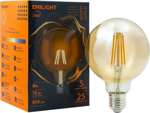 Лампа светодиодная Emilight FIL Gold G95 8 Вт E27 3000 К 220 В прозрачная 