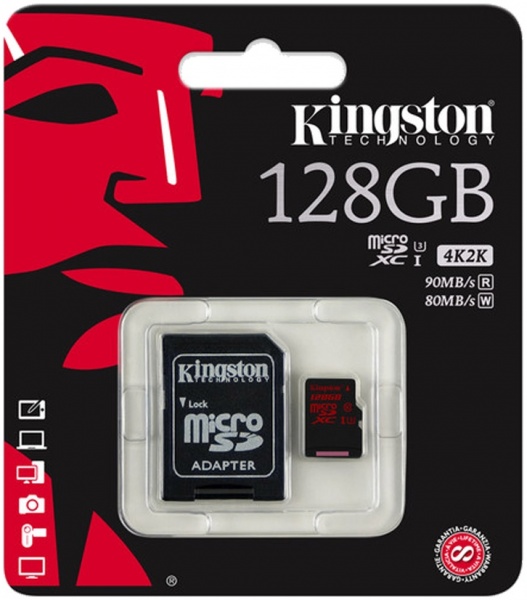 Карта памяти Kingston microSDXC C10 UHS-I U3 R90/W80MB/s 4K + SD адаптер 128GB (SDCA3/128GB)