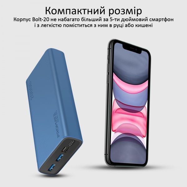 Внешний аккумулятор (Powerbank) Promate Bolt-20 10Вт 2xUSB 20000 mAh blue (bolt-20.blue) 