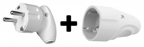 Электровилка угловая Neomax + гнездо с заземлением 220В 16А IP20 пластик белый