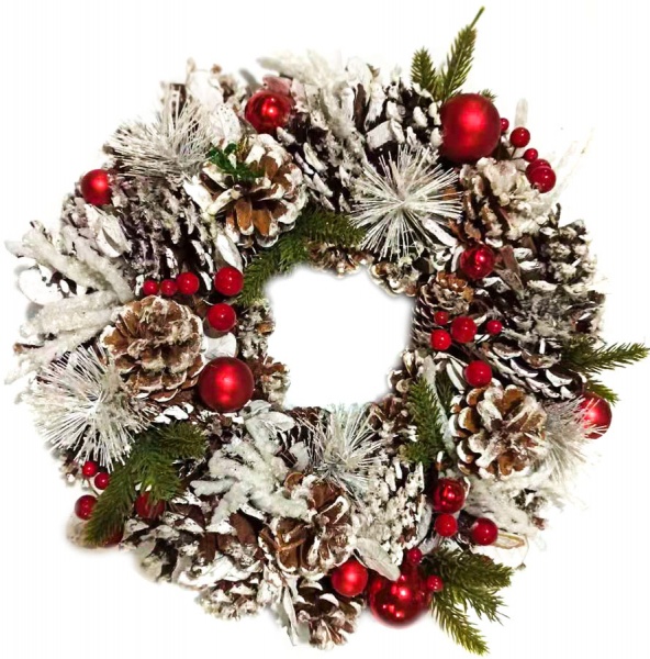 Вінок новорічний Blooming хвойний засніжений з шишками і кульками червоний d330 мм 700520185-33 