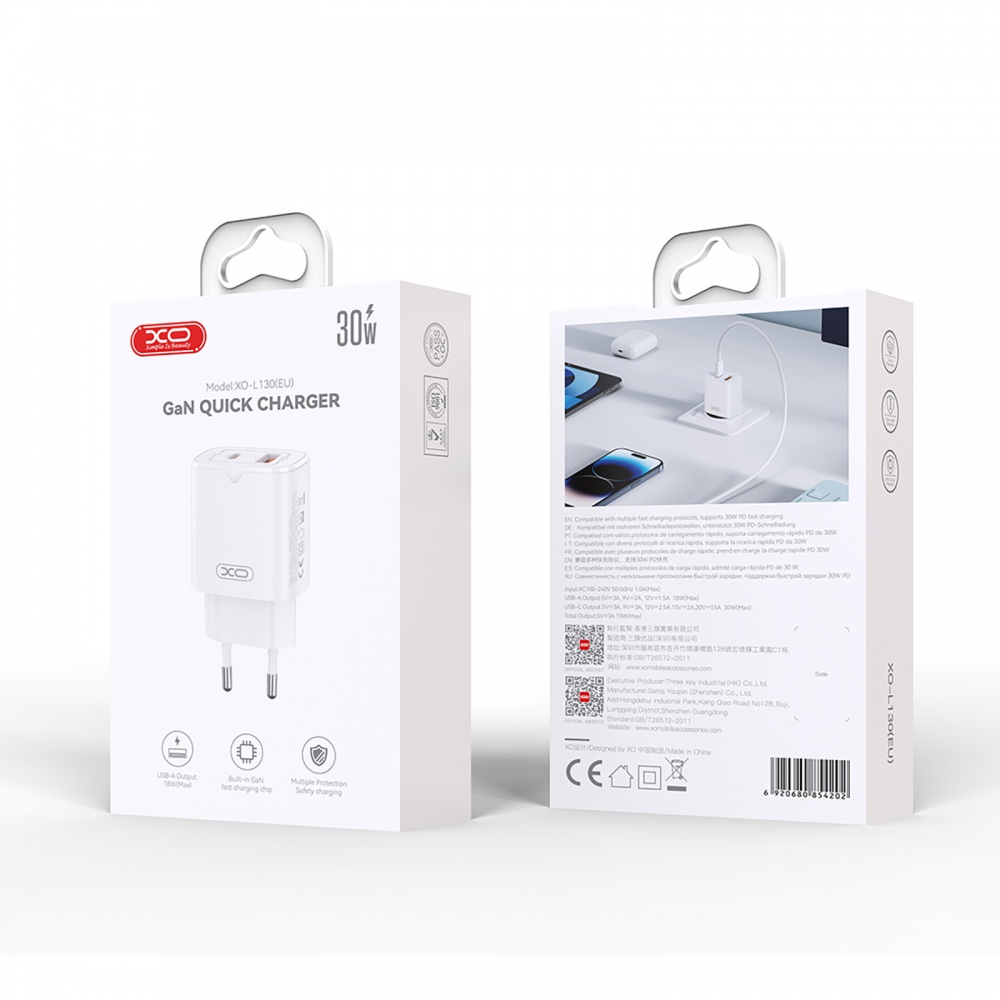 Сетевое зарядное устройство Xo L130 PD30W, QC18W USB-A, USB-C White (L130.white)