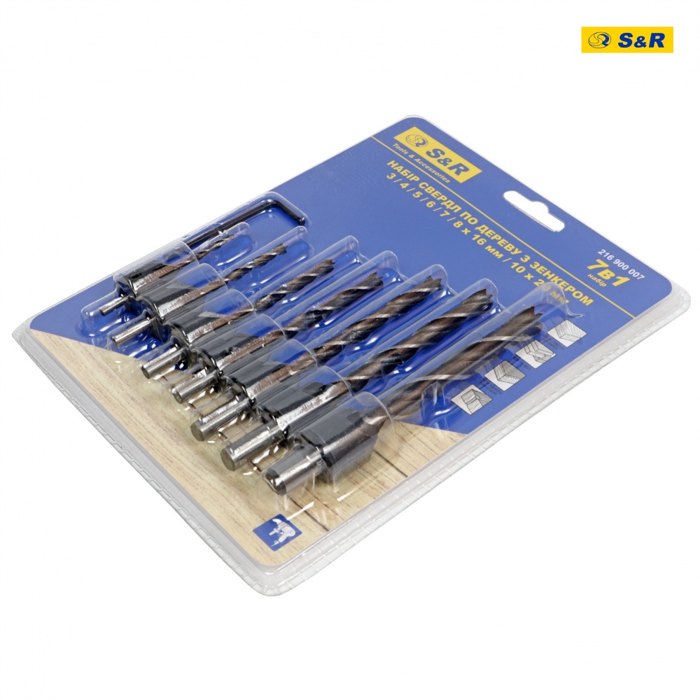 Набор сверл по дереву S&R Meister с зенкером 3-10 мм 7 шт. 216900007