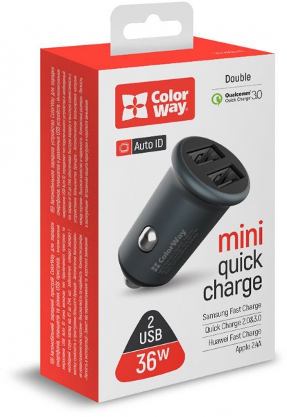 Автомобільний зарядний пристрій ColorWay 2USB Quick Charge 3.0 (36 Вт) сірий CW-CHA036Q-GR