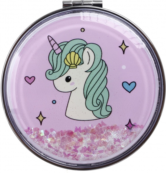 Зеркало карманное косметическое Лідер Канц Единорог с сыпучими блестками круглое 12 вариантов в ассортименте 