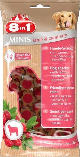 Снеки 8in1 MINIS жевательный для собак ягненок и клюква 100 г