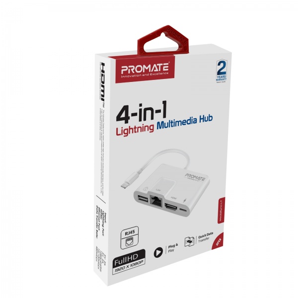 Адаптер Promate MediaSync-LT Lightning to USB 3.0 OTG/RJ45/HDMI/10Вт Lightning-in білий (mediasync-lt.white) 