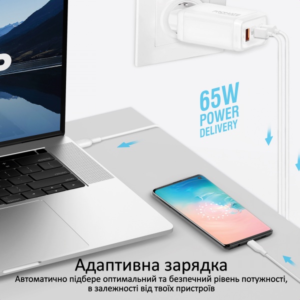 Зарядний пристрій Promate GaNPort3-65PD White 