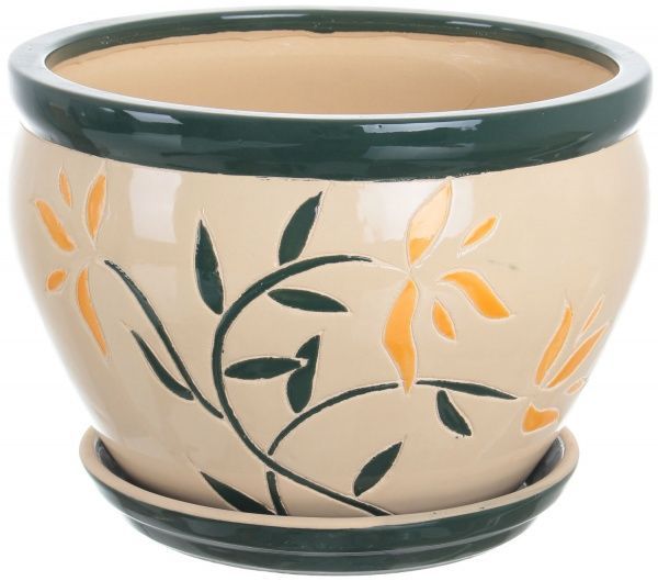 Горщик Viet Thanh Ceramic з блюдцем гілочка 30х21 см VT.10051-1 круглий бежевий із зеленим 