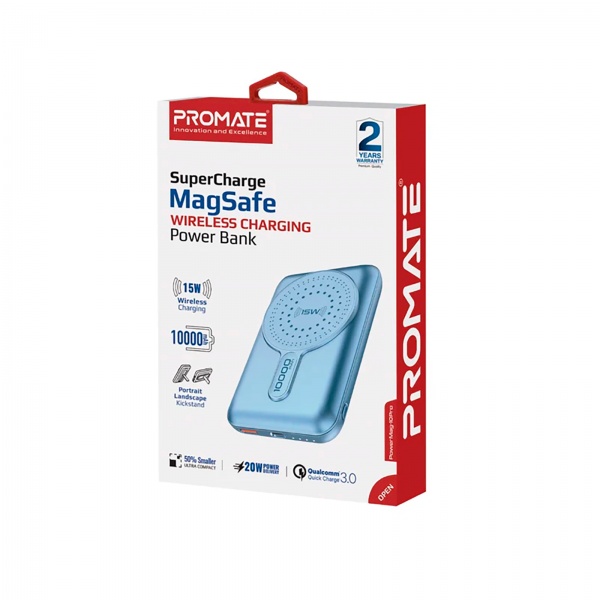 Универсальная мобильная батарея Promate 10000 mAh blue (powermag-10pro.blue) PowerMag-10Pro 10000 mAh, MagSafe, USB-C PD, USB-А QC3 