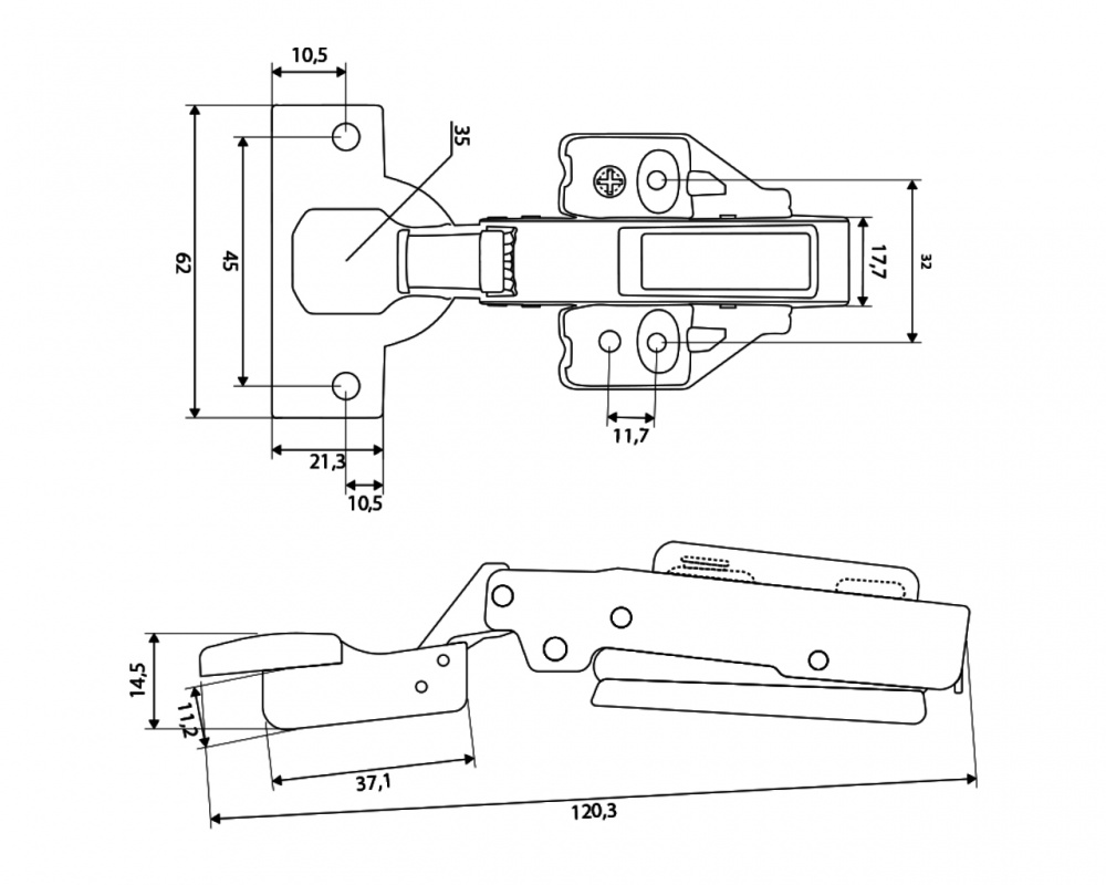 Петля накладная DC 105° Clip On с 3D-регулировкой планки нержавеющая сталь