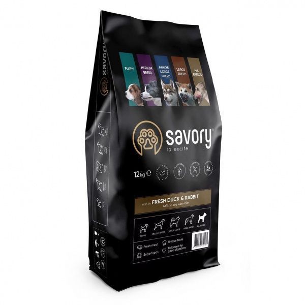 Корм Savory сухой для собак Свежая утка и кролик 12 кг