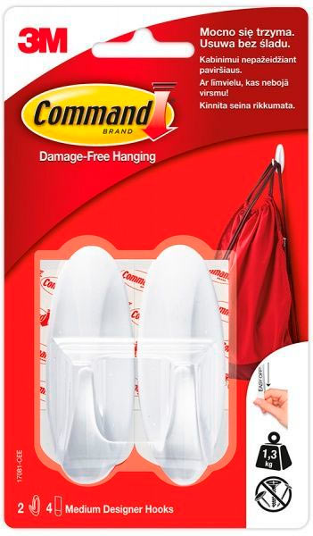 Дизайн крючок 3M Command средний 1 кг 2 крючка 4 полоски