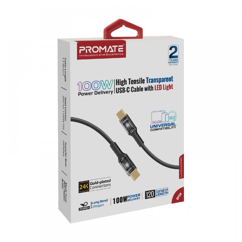 Кабель Promate Lucidline-CC120 USB-C to USB-C 100W Power Delivery 1,2 м black (lucidline-cc120.black)