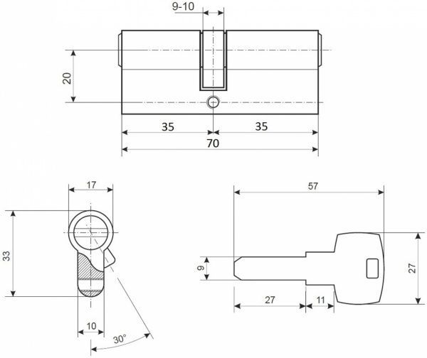 Циліндр Apecs EM M70 ZN 35x35 ключ-ключ 70 мм нікель сатин