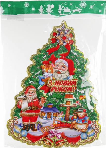 Наклейка на скло новорічна ялинка з Дідом Морозом 31x22,5 см