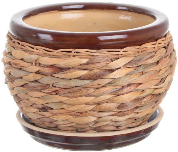 Горщик Viet Thanh Ceramic з блюдцем плетений 23х16 см VT.10891-2 круглий бежевий 