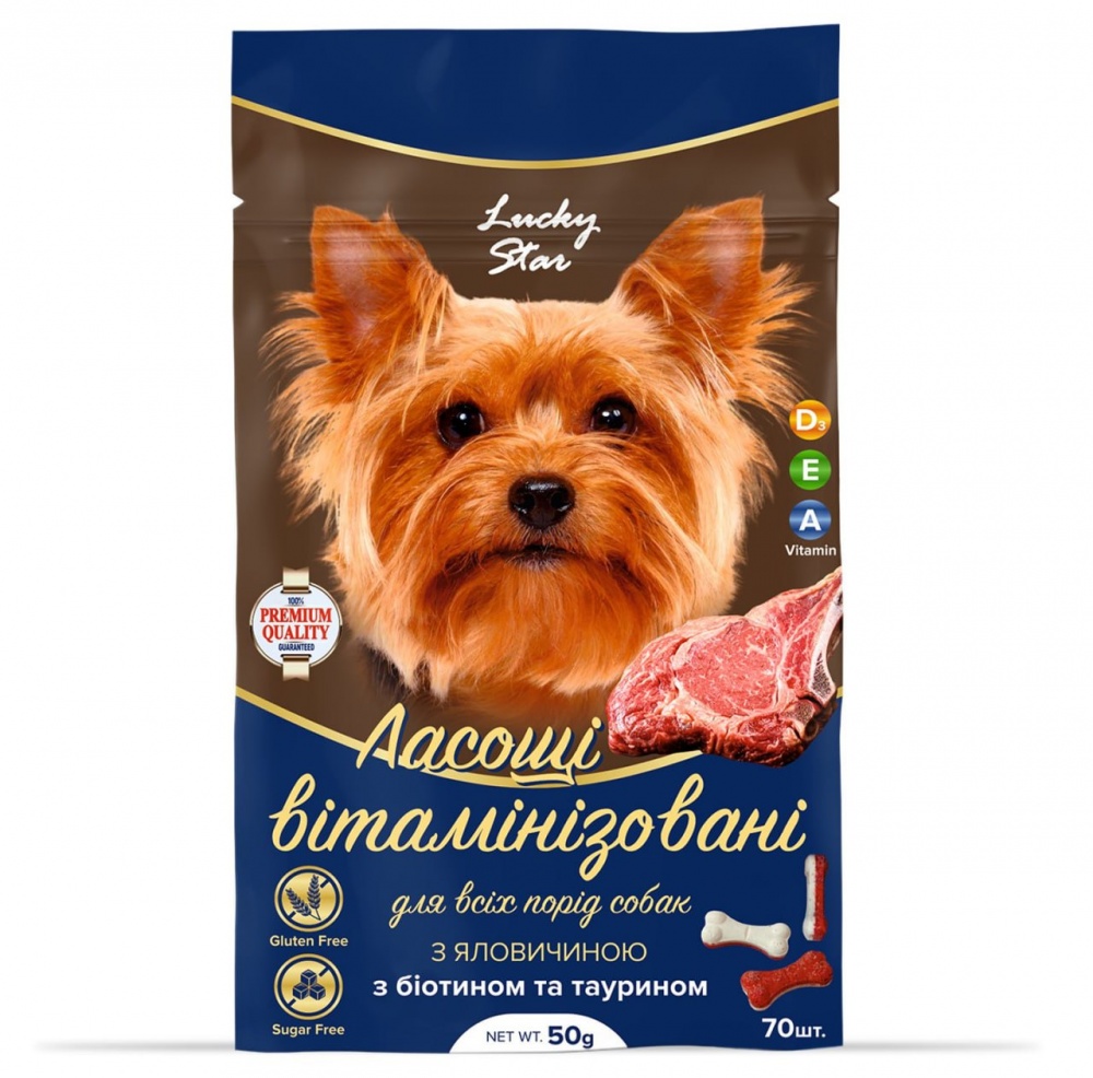 Ласощі вітамінізовані Lucky Star для собак з яловичиною (+біотин і таурин) 50 г