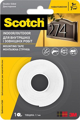 Монтажна двостороння стрічка 3M Scotch-Mount біла погодостійка 12 мм х 2 м товщина 1,1 мм
