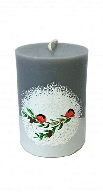 Свеча Цилиндр новогодний снегири серый KOZAK