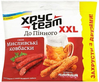 Сухарики ХрусTeam хрусткі зі смаком мисливських ковбасок 110 г