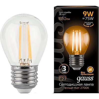 Лампа светодиодная Gauss Black FIL G45 9 Вт E27 2700 К 220 В прозрачная 