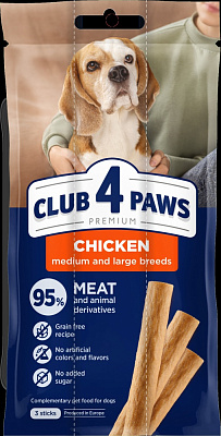 Снеки Club 4 Paws для собак средних и больших пород мясная палочка, курица