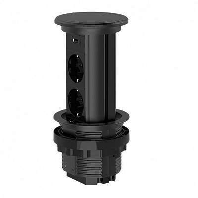 Розетка мебельная + USB двойная с заземлением Livolo C7 IP44 черный VL-SHS019-FCTC-B