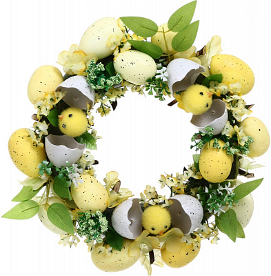 Вінок декоративний пасхальний з яйцями і квітами жовий