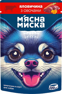 Корм вологий М'ясна миска для собак шматочки в соусі з яловичиною та овочами 100 г