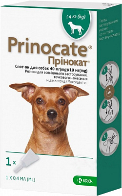 Капли KRKA от эндо/эктопаразитов для собак Prinocate вес 4 кг (за 1 п-тку 0,4мл 3 в уп) 157416