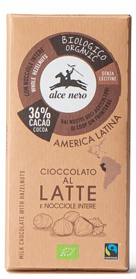 Молочный шоколад TM Alce Nero с лесным орехом Fairtrade America Latina 100 г